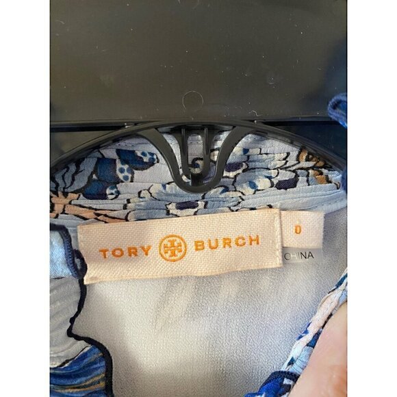 Tory Burch Deneuve Paisley Dress Size 0 Blue Crinkle Floral Ruffle Long Sleeve - Picture 4 of 14